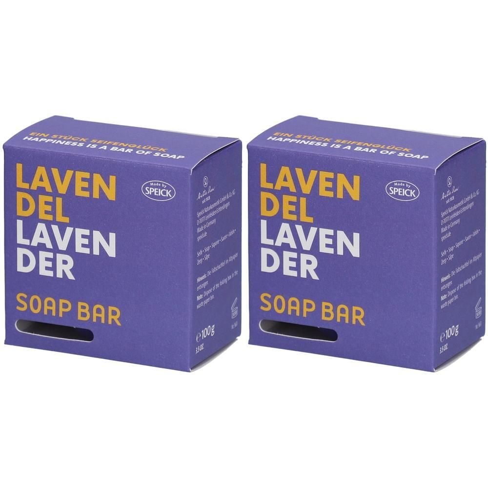 Zwei lilafarbene Kartons mit der Aufschrift "LAVENDEL LAVENDER SOAP BAR". Das Logo "SPEICK" ist ebenfalls sichtbar.