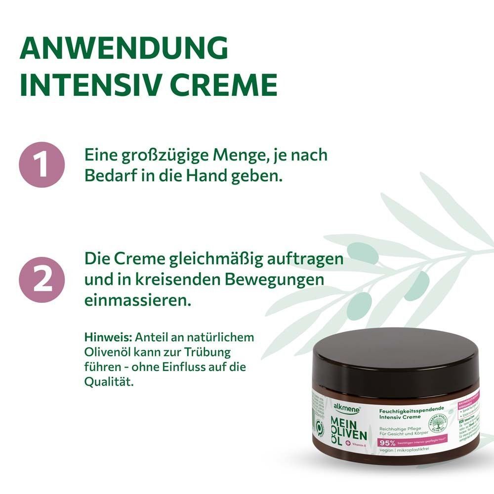 Anwendung der Intensiv Creme. Schritt 1: Großzügige Menge in die Hand. Schritt 2: Einmassieren. Produkt-Tiegel.