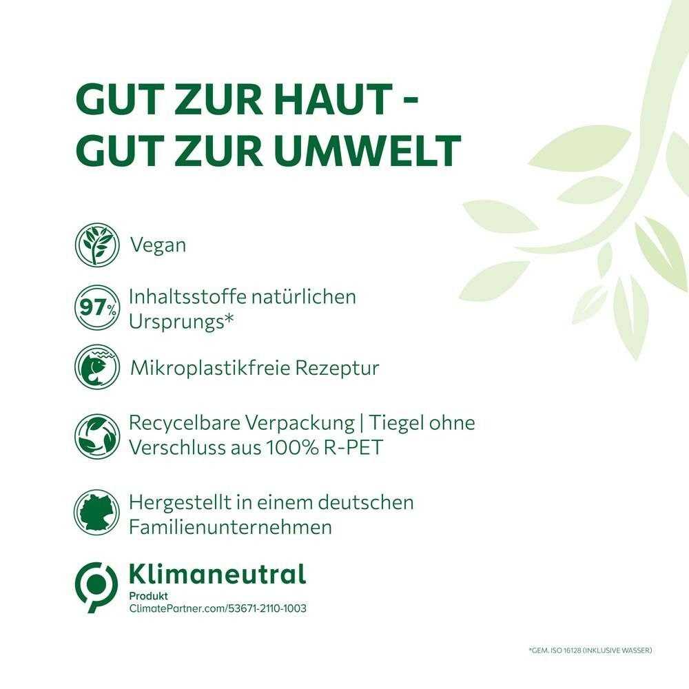 Text: Gut zur Haut - Gut zur Umwelt. Vegan, 97% Inhaltsstoffe natürlichen Ursprungs, klimaneutrales Produkt.