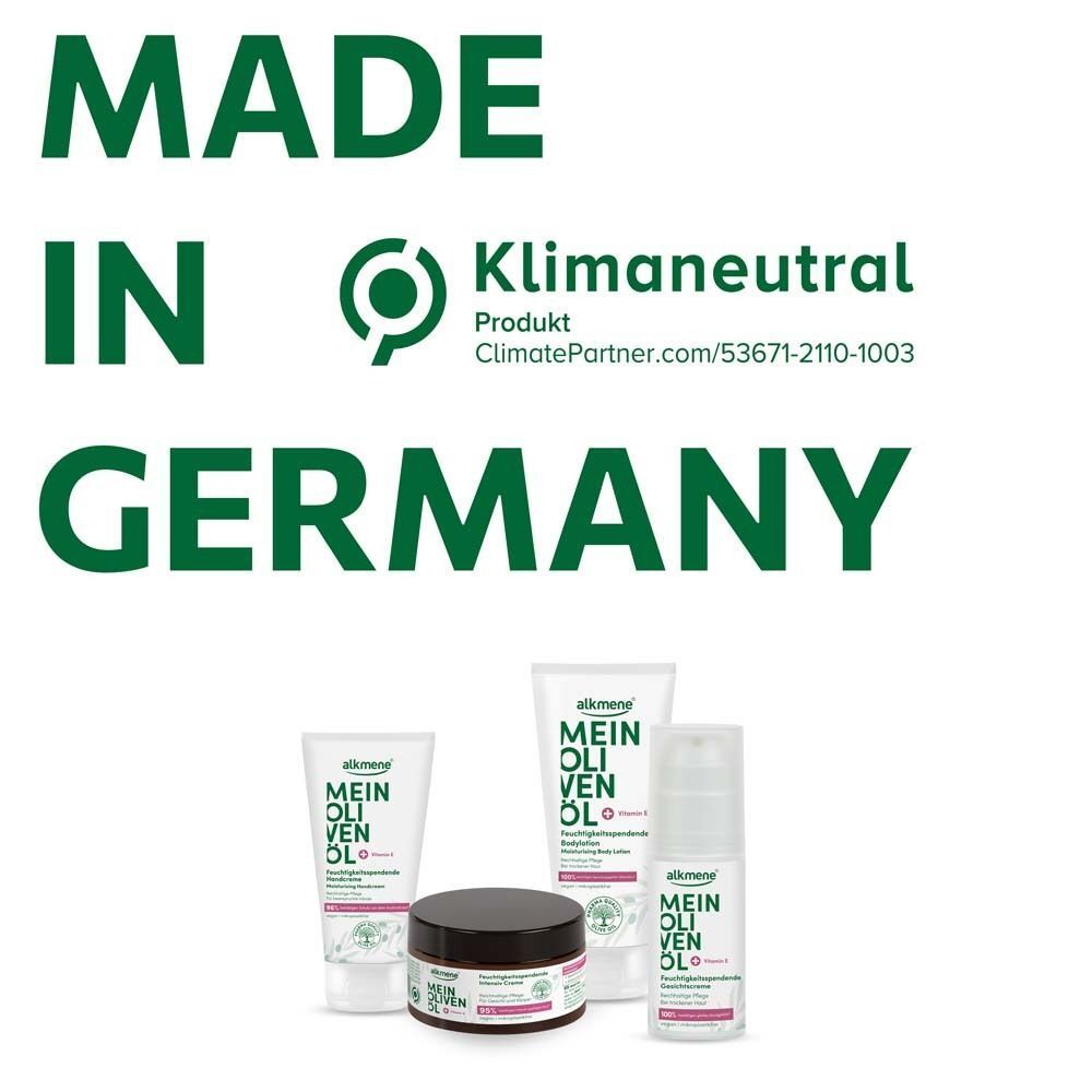 Text: Made in Germany. Klimaneutrales Produkt. Produktabbildungen: Creme, Lotion, Serum. ALKMENE Mein Olivenöl.