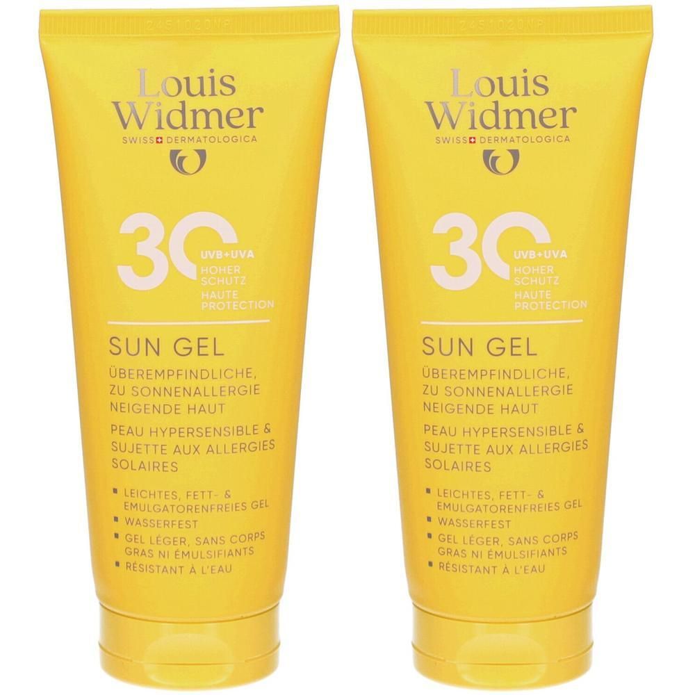 Zwei gelbe Tuben. Auf jeder steht "Louis Widmer" und "Sun Gel 30". Text in Deutsch und Französisch. Wasserfestes Gel.