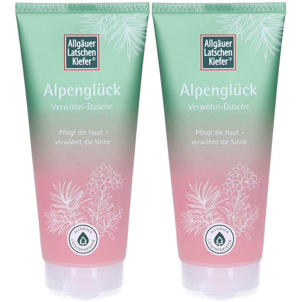 Zwei Tuben Duschgel mit grün-rosa Farbverlauf. Aufschrift: Alpenglück Verwöhn-Dusche. Logo: Allgäuer Latschen Kiefer.