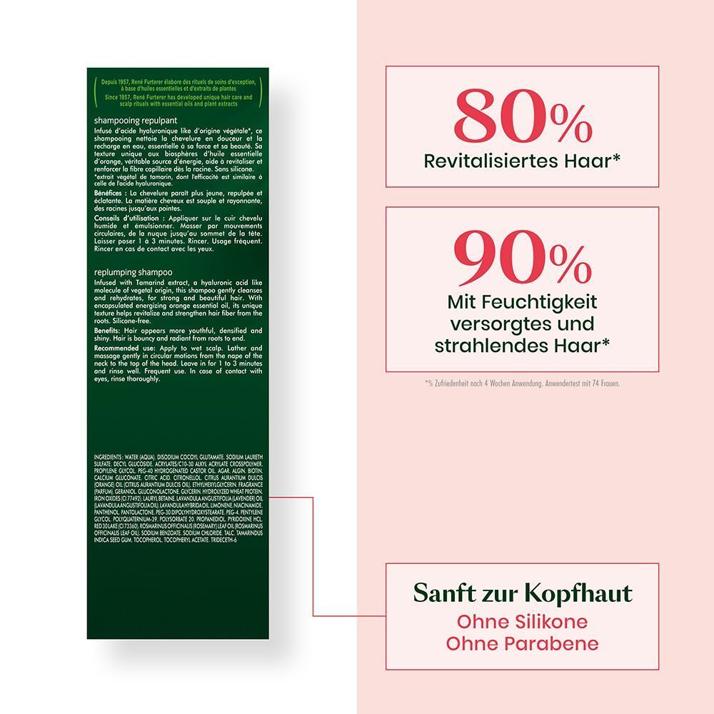 Text auf grünem Hintergrund. Prozentangaben: 80% revitalisiertes Haar, 90% mit Feuchtigkeit versorgtes Haar. Ohne Silikone, Parabene.