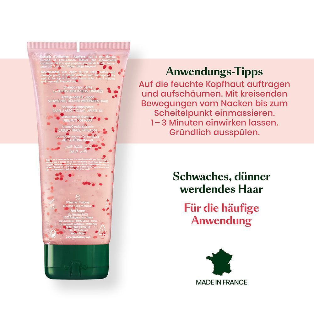 Rückseite einer Tube Shampoo. Text: Anwendungstipps. Für schwaches, dünner werdendes Haar. Made in France.