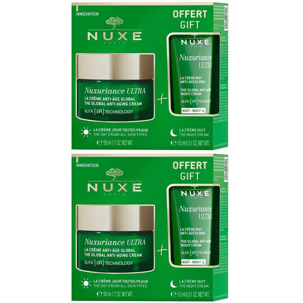 Zwei grüne Geschenkboxen mit NUXE-Produkten. Jede Box enthält eine Creme und eine Tube. Aufschrift: Nuxuriance Ultra.