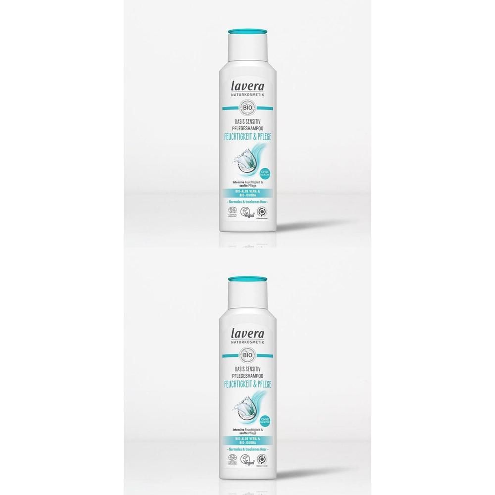 Zwei Flaschen Shampoo mit weißem Etikett, türkisfarbenem Deckel und Schriftzug. Marke: lavera. Aufschrift: Feuchtigkeit & Pflege.