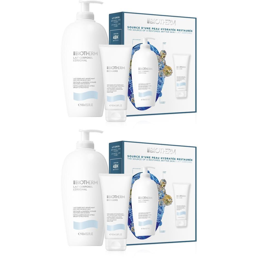 Set mit zwei weißen Flaschen und zwei Tuben. Eine Flasche mit Pumpverschluss, eine Tube mit Schriftzug Biotherm. Verpackung mit Schriftzug.