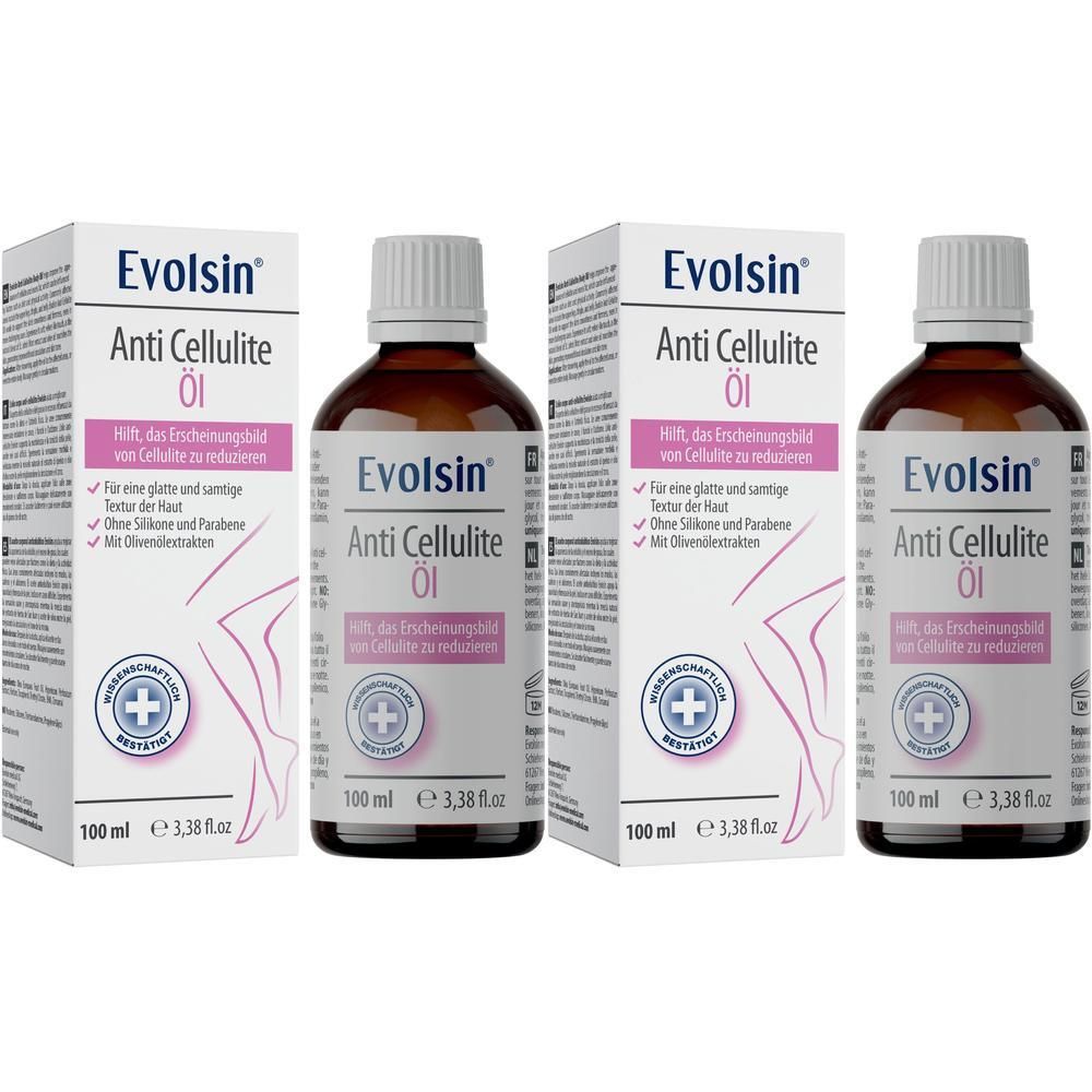 Drei Flaschen und Verpackungen von Evolsin® Anti Cellulite Öl. Braune Flaschen mit weißem Deckel, weiße Verpackung mit Produktinformationen.