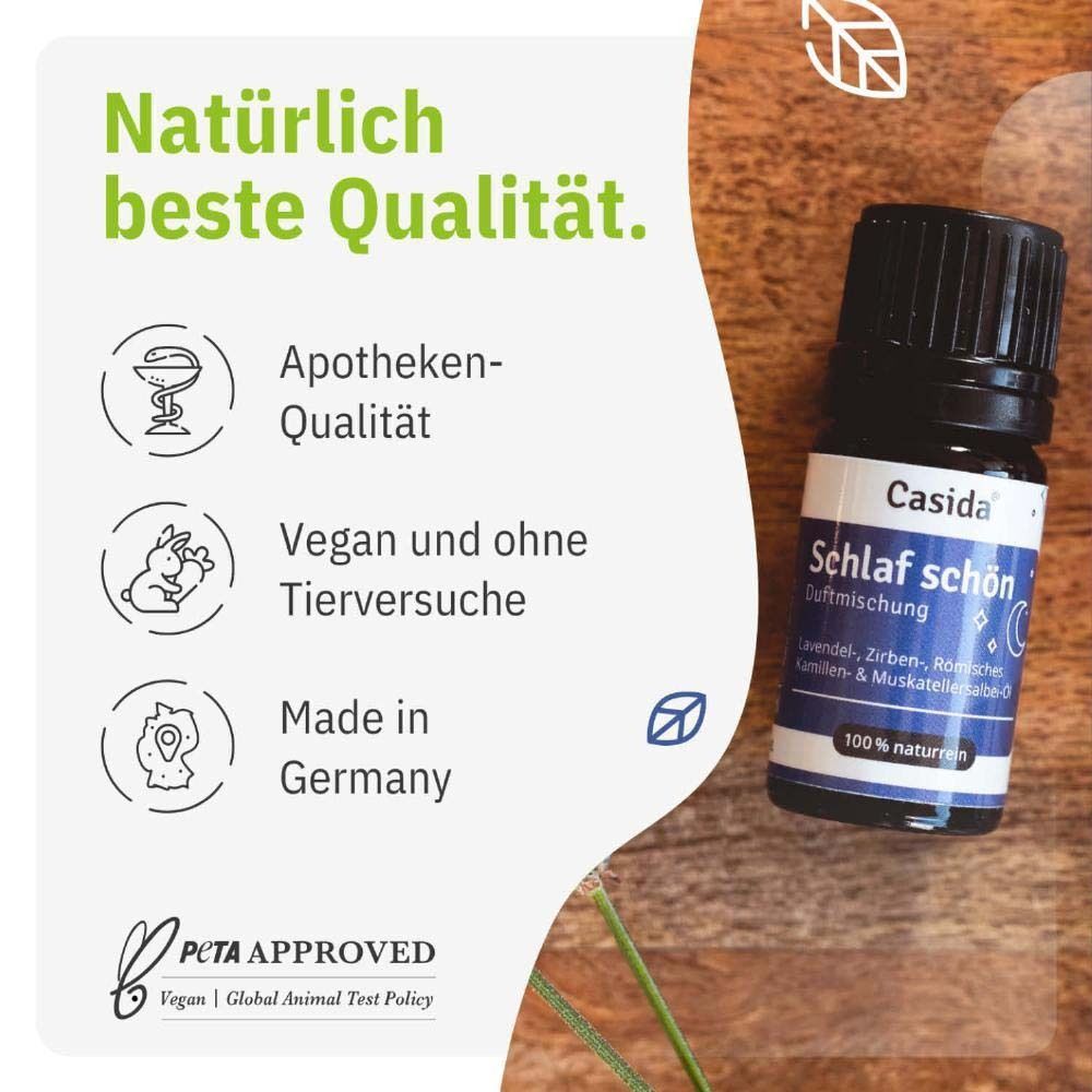 Flasche Casida® Schlaf schön. Apotheken-Qualität, vegan, ohne Tierversuche, Made in Germany. PETA Approved.