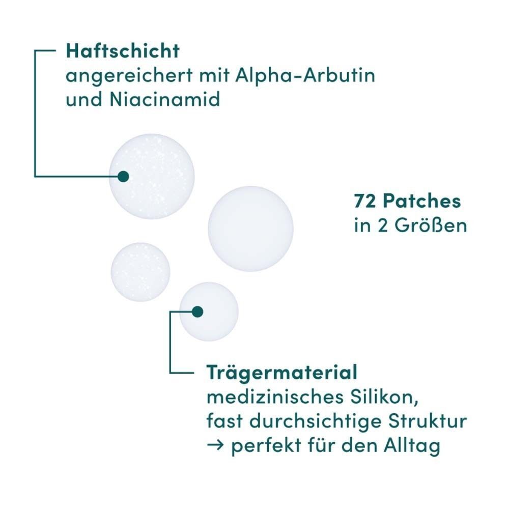 Nahaufnahme von transparenten Patches. Text: 72 Patches in 2 Größen. Haftschicht mit Alpha-Arbutin und Niacinamid.