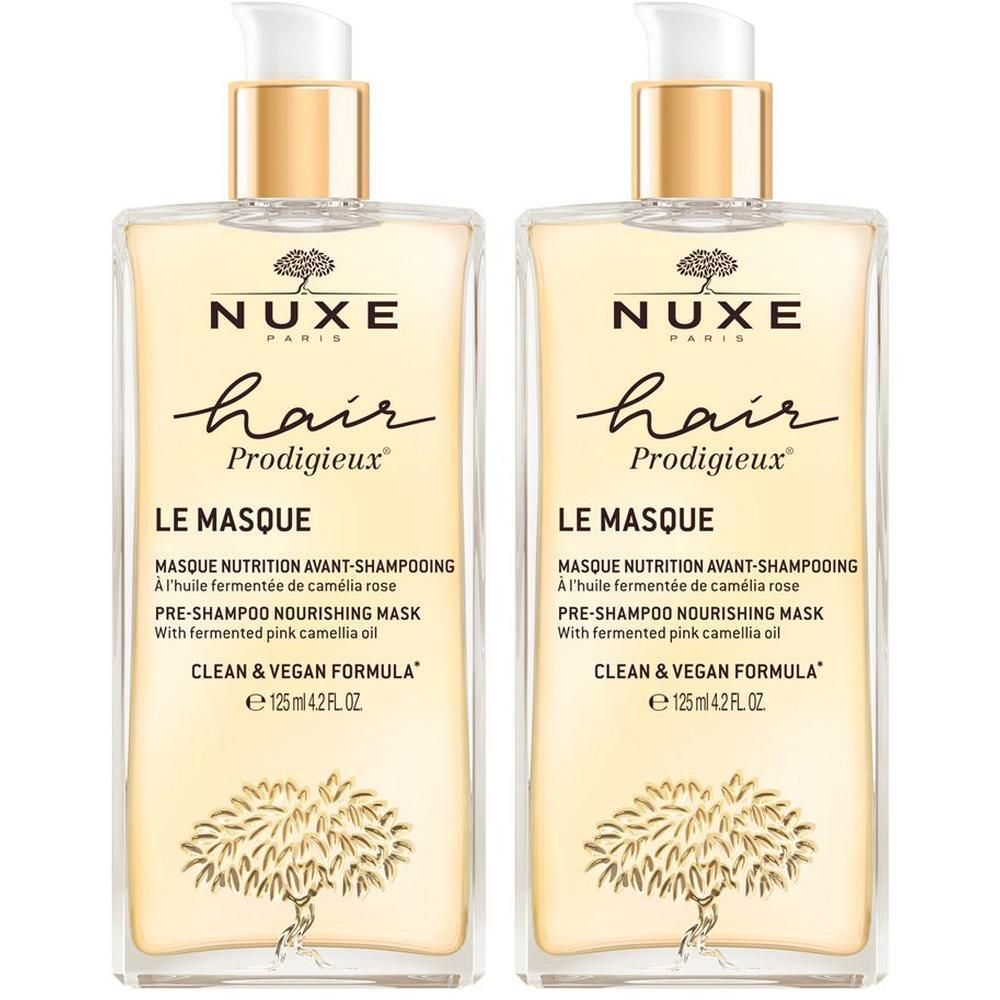 Zwei Flaschen NUXE Hair Prodigieux Pre-Shampoo-Maske. Klare, rechteckige Flaschen mit goldenen Deckeln und weißen Pumpen. Text auf Etiketten.