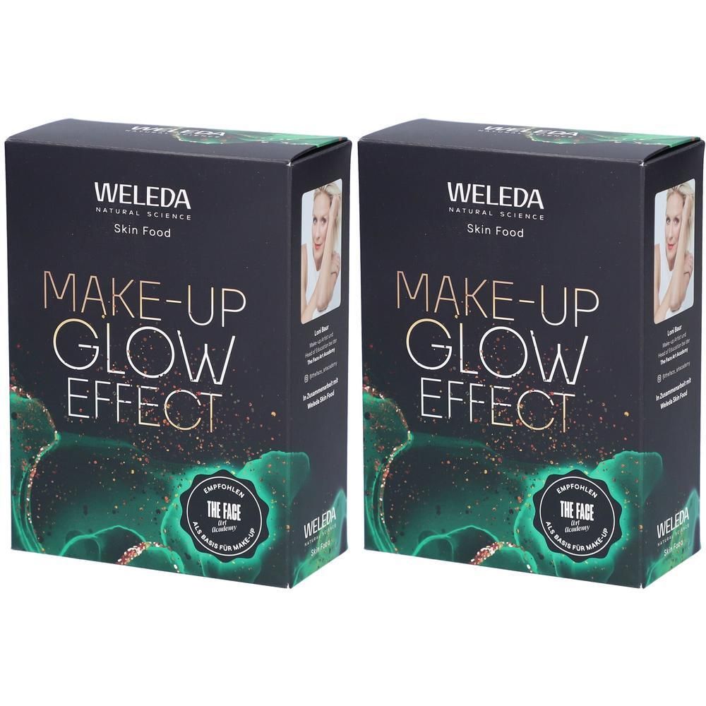 Zwei schwarze Kartons mit goldfarbenem Schriftzug „MAKE-UP GLOW EFFECT“ und „WELEDA Skin Food“. Abbildung einer Frau.