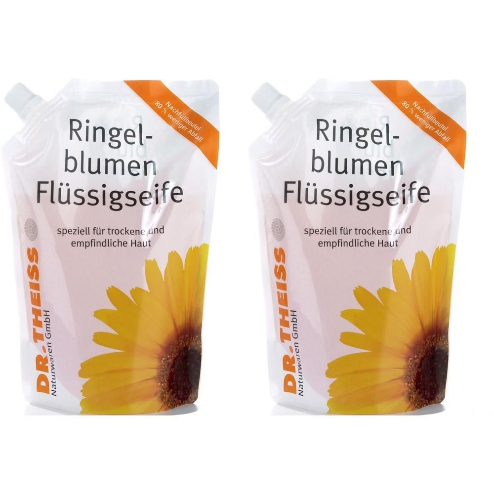 Zwei Nachfüllbeutel Flüssigseife. Aufschrift: Ringelblumen Flüssigseife, speziell für trockene und empfindliche Haut. Marke: DR.THEISS.
