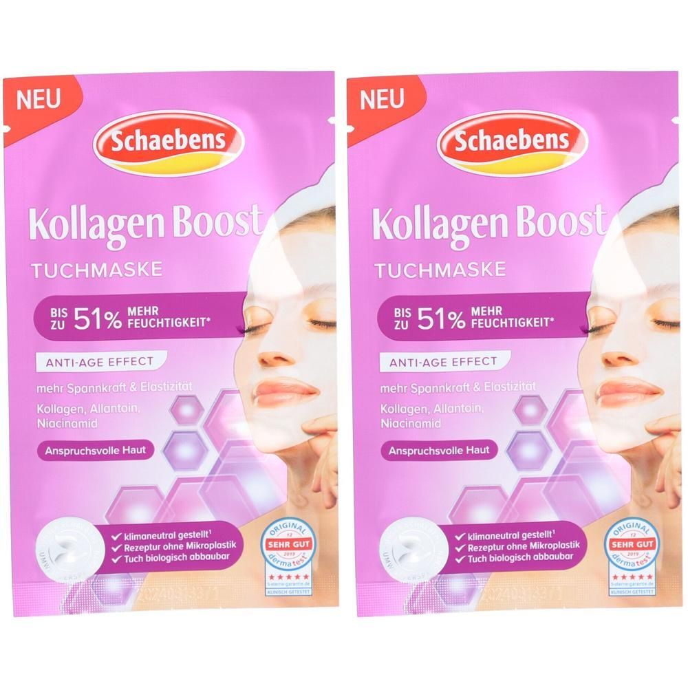 Zwei Packungen Gesichtsmasken. Rosa Verpackung mit Produktnamen und Logo. Enthält Kollagen. Auszeichnung "SEHR GUT".
