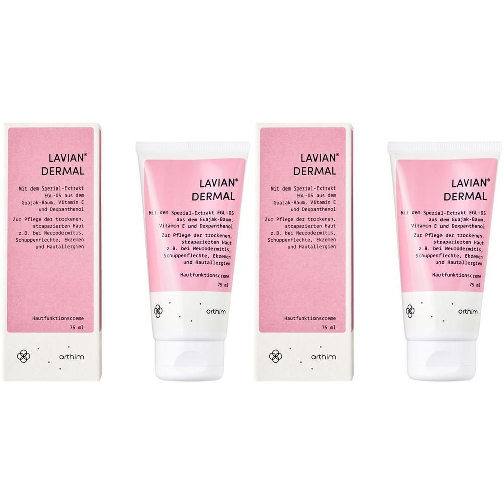 Vier Tuben und Schachteln Lavian® Dermal Creme. Rosa Tuben und Schachteln mit weißer Schrift. 75 ml.
