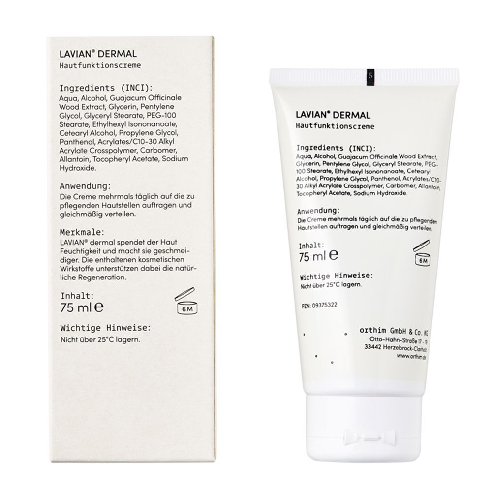 Lavian® Dermal Creme Tube und Schachtel. Weiße Tube mit rosa Schrift. Schachtel mit Inhaltsangaben und Anwendung.