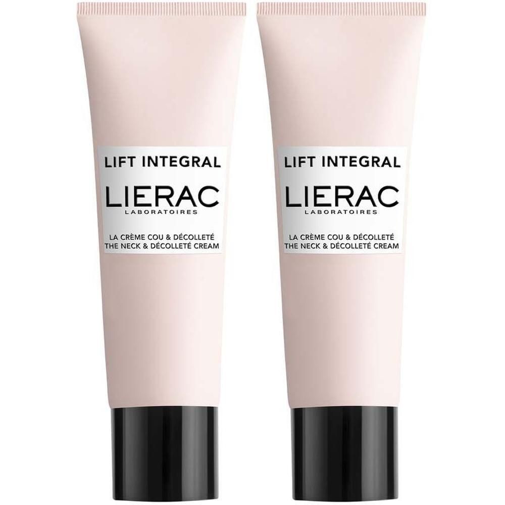 Zwei Tuben Creme mit schwarzem Verschluss. Aufschrift: LIFT INTEGRAL, LIERAC LABORATOIRES, LA CREME COU & DÉCOLLETÉ, THE NECK & DÉCOLLETÉ CREAM.