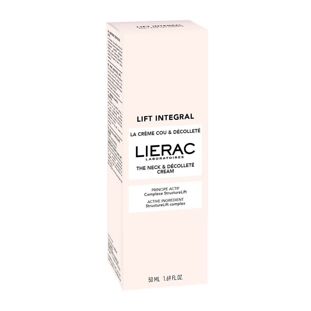 Verpackung mit Aufschrift: LIFT INTEGRAL, LIERAC LABORATOIRES, LA CREME COU & DÉCOLLETÉ, THE NECK & DÉCOLLETÉ CREAM. Mit Text: PRINCIPE ACTIF, Complexe StructureLift.
