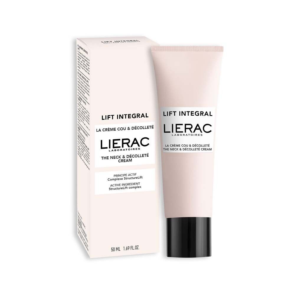 Tube Creme und Verpackung. Aufschrift: LIFT INTEGRAL, LIERAC LABORATOIRES, LA CREME COU & DÉCOLLETÉ, THE NECK & DÉCOLLETÉ CREAM. 50 ml.