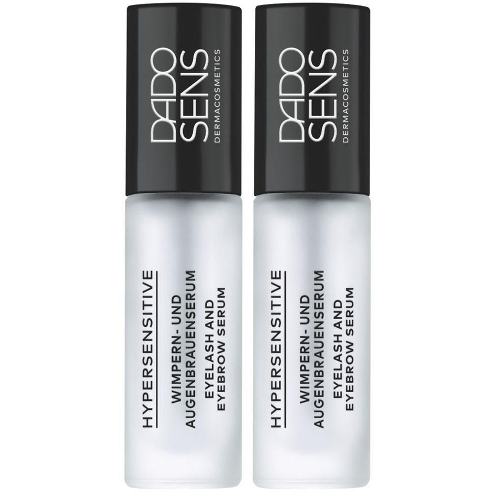 Zwei Flaschen DADO SENS HYPERSENSITIVE Wimpern- und Augenbrauenserum. Schwarzer Deckel, weißer Schriftzug. Aufschrift: HYPERSENSITIVE, Eyelash and Eyebrow Serum.