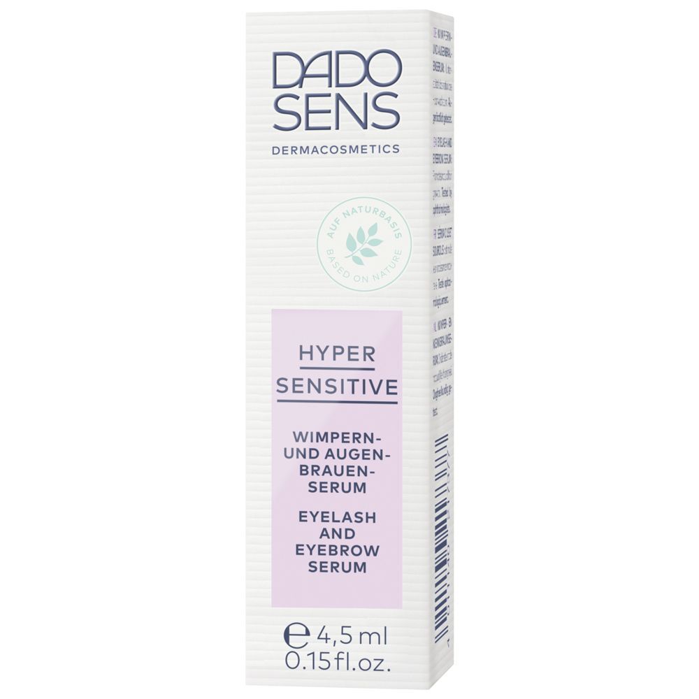 Verpackung von DADO SENS HYPERSENSITIVE Wimpern- und Augenbrauenserum. Weiß mit rosa Akzenten. Aufschrift: HYPERSENSITIVE, Eyelash and Eyebrow Serum. 4,5 ml.