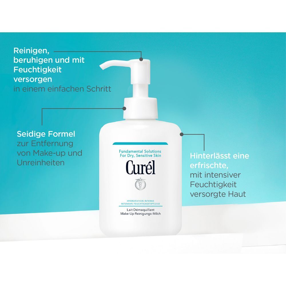 CUREL Make-Up Reinigungs-Milch Flasche mit Pumpaufsatz. Text: Reinigen, beruhigen und mit Feuchtigkeit versorgen. Türkisfarbener Hintergrund.