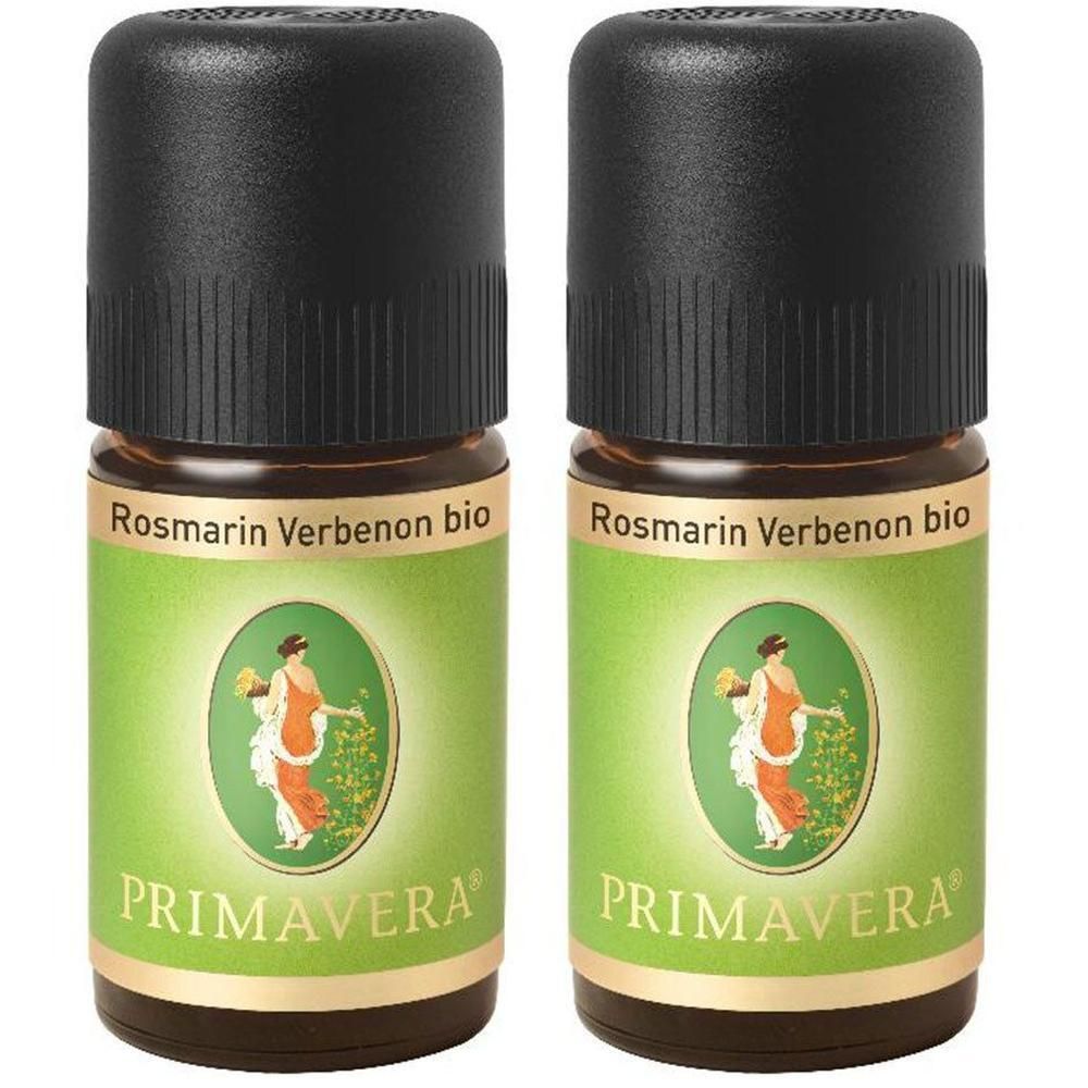 Zwei kleine Glasflaschen mit schwarzem Deckel. Auf den Etiketten steht "Rosmarin Verbenon bio" und "PRIMAVERA".