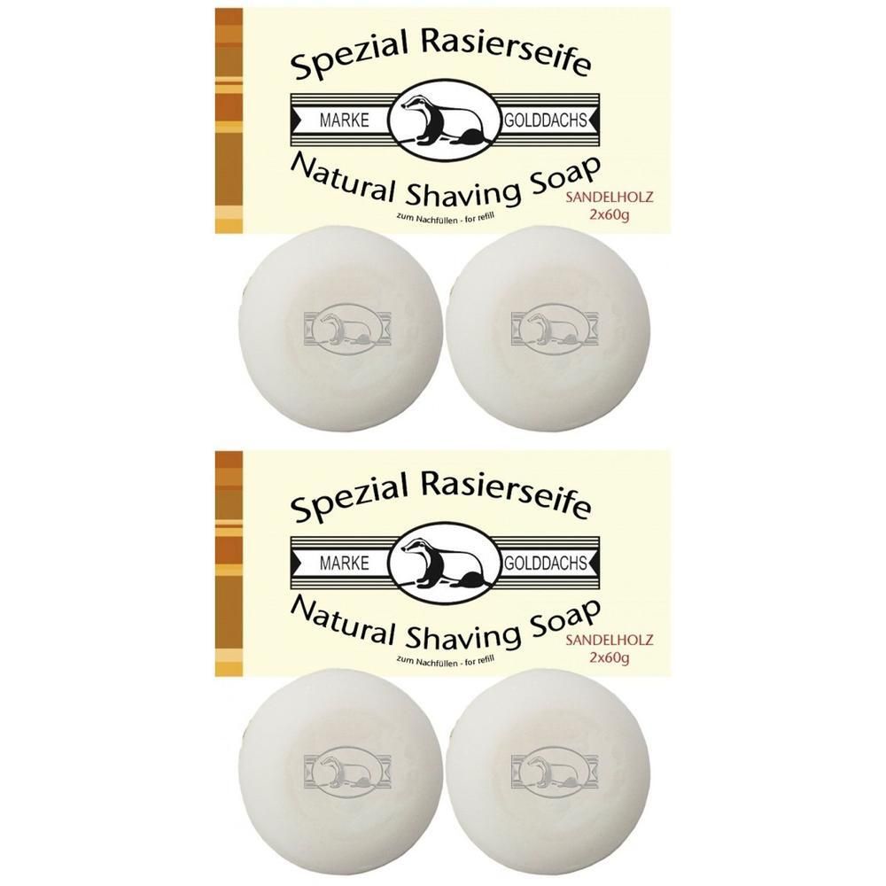 Zwei Packungen Rasierseife mit Logo und Schriftzug. Darunter vier runde Seifenstücke. Aufschrift: Spezial Rasierseife, Natural Shaving Soap.