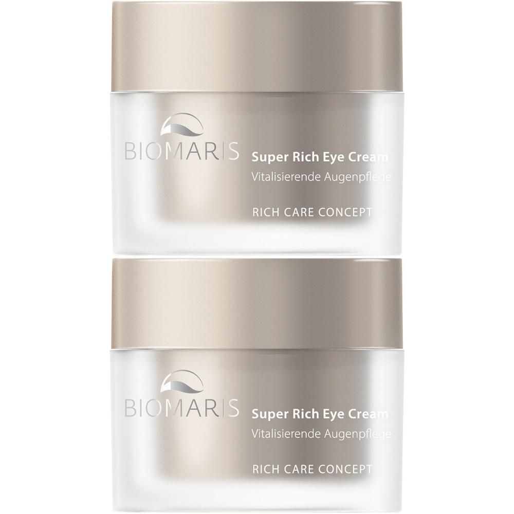 Zwei Tiegel BIOMARIS Super Rich Eye Cream. Beige Deckel, weißes Glas. Schriftzug: Vitalisierende Augenpflege, RICH CARE CONCEPT.