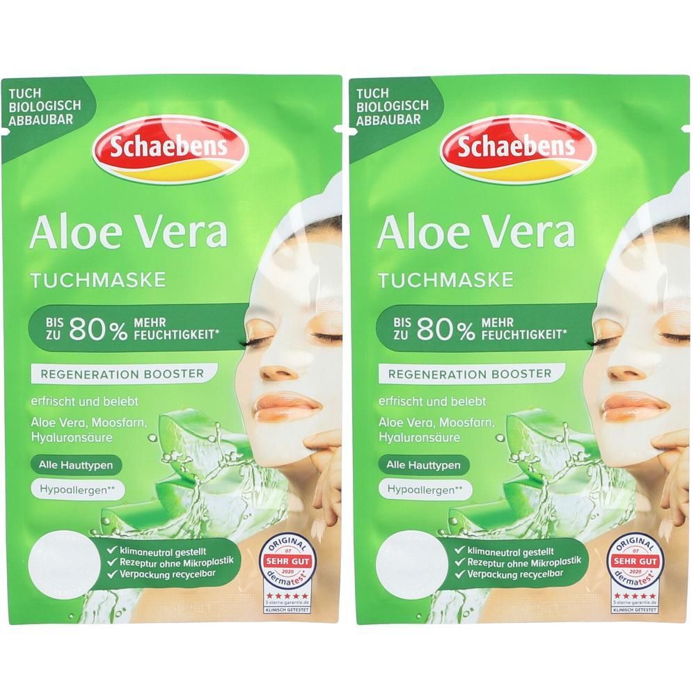 Zwei grüne Verpackungen mit "Schaebens Aloe Vera Tuchmaske". Enthält Gesichtsmasken. Text: Regeneration Booster, Alle Hauttypen, Hypoallergen.