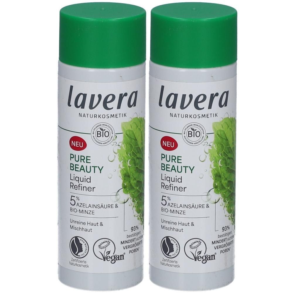 Zwei Flaschen mit grünem Deckel. Aufschrift: lavera, Pure Beauty Liquid Refiner, 5% Azelainsäure & Bio-Minze. Vegan-Siegel.