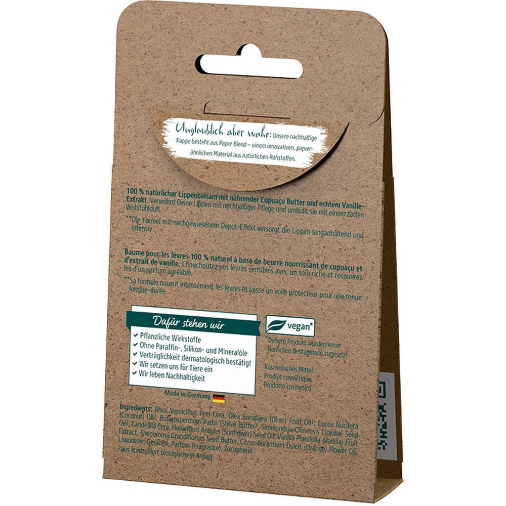 Rückseite der Kartonverpackung. Text in deutscher Sprache. Enthält Informationen über Inhaltsstoffe und Zertifizierungen.