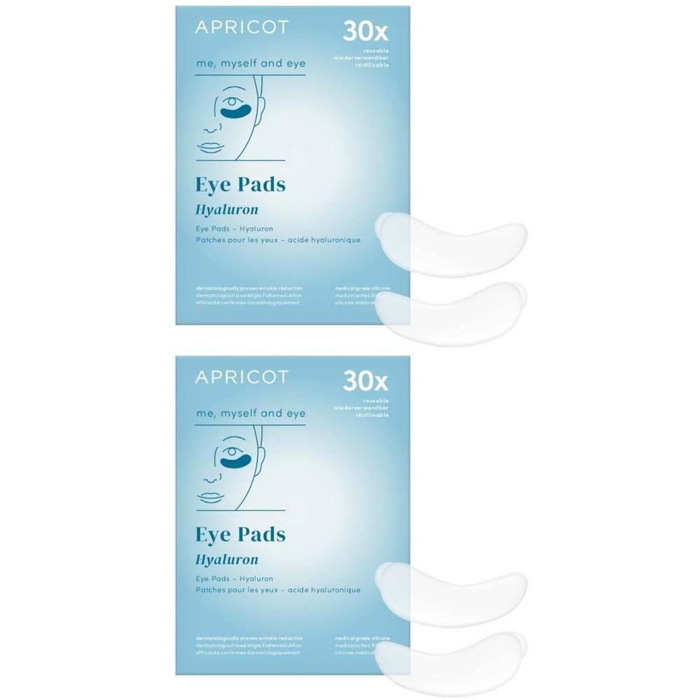 Zwei Packungen APRICOT Eye Pads mit Hyaluron. Jede Packung enthält 30 Pads. Auf der Packung ist ein Gesicht mit Augenpads abgebildet.