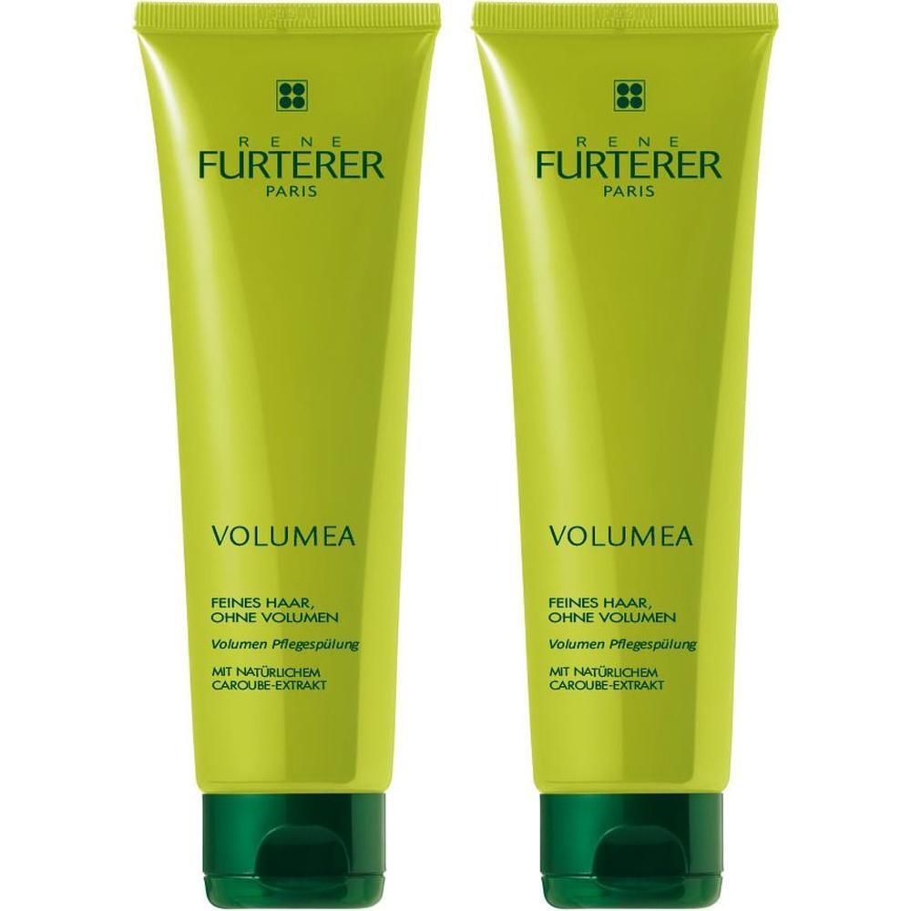 Zwei grüne Tuben. Aufschrift: RENE FURTERER PARIS, VOLUMEA, Volumen Pflegespülung. Mit natürlichem Caroube Extrakt.