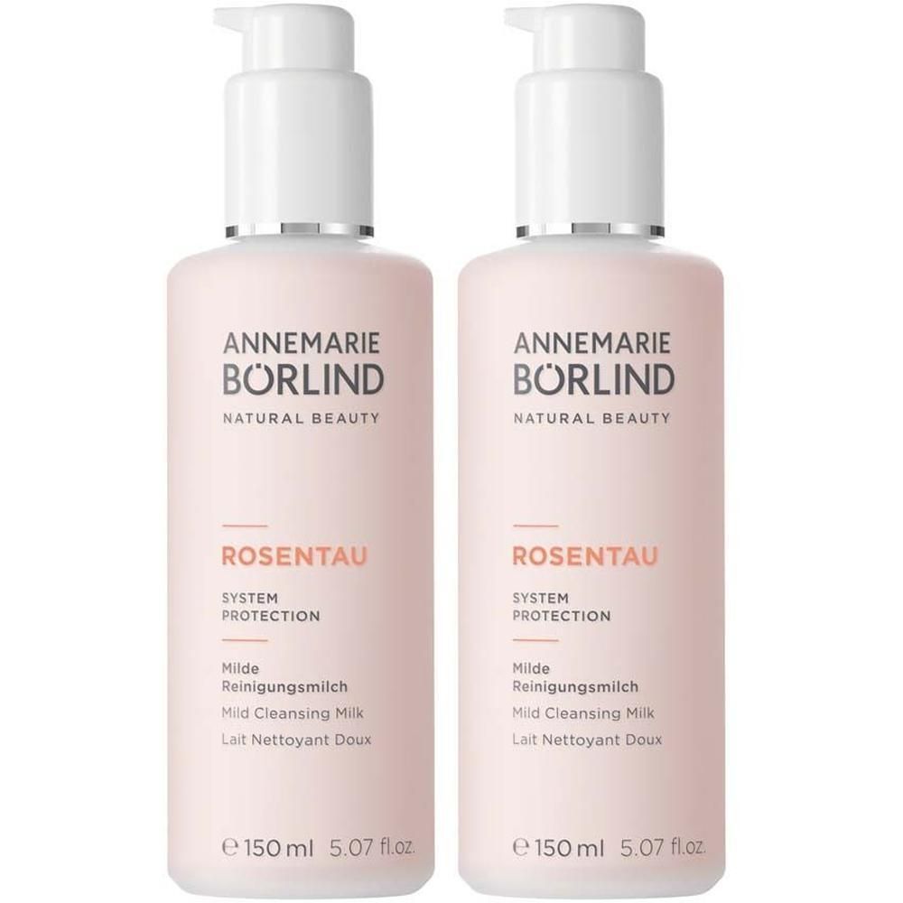 Zwei Flaschen ANNEMARIE BÖRLIND Rosentau Milde Reinigungsmilch, je 150 ml.