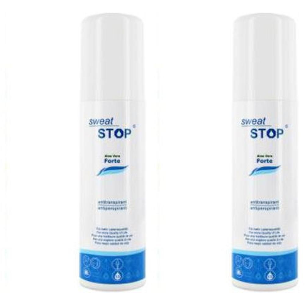 Zwei weiße Sprühflaschen mit blauer und weißer Beschriftung. Aufschrift: sweat STOP Forte. Antiperspirant.