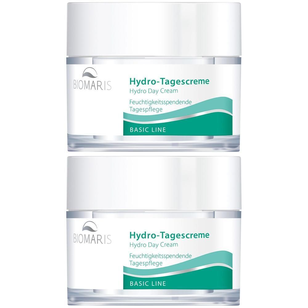 Zwei Tiegel Hydro-Tagescreme. Weiße Deckel, transparente Gläser. Aufschrift: BIOMARIS, Hydro-Tagescreme, Hydro Day Cream, BASIC LINE.