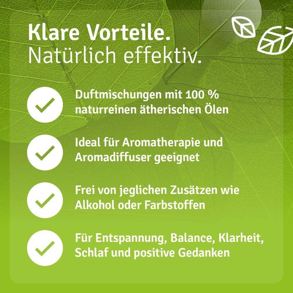 Text mit Vorteilen: Duftmischungen mit 100% naturreinen ätherischen Ölen. Ideal für Aromatherapie und Aromadiffuser. Frei von Zusätzen. Für Entspannung, Balance, Schlaf.