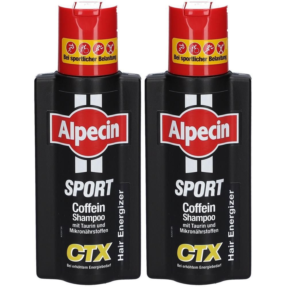 Zwei schwarze Flaschen mit rotem Deckel. Aufschrift: Alpecin Sport Coffein Shampoo CTX. Gelbe und rote Logos.