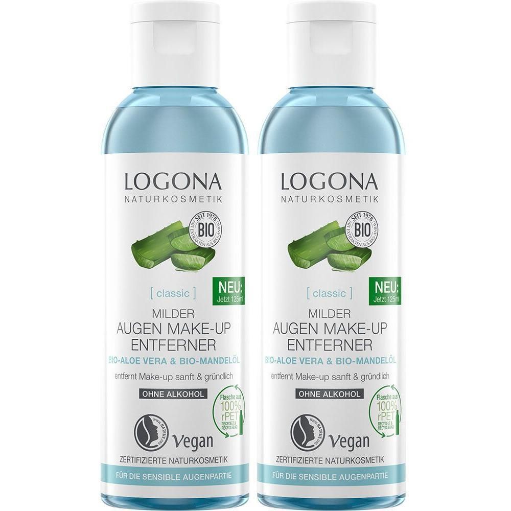 Zwei Flaschen LOGONA Augen Make-up Entferner. Weiße Flaschen mit blauem Etikett. Aloe Vera-Abbildung und Text.