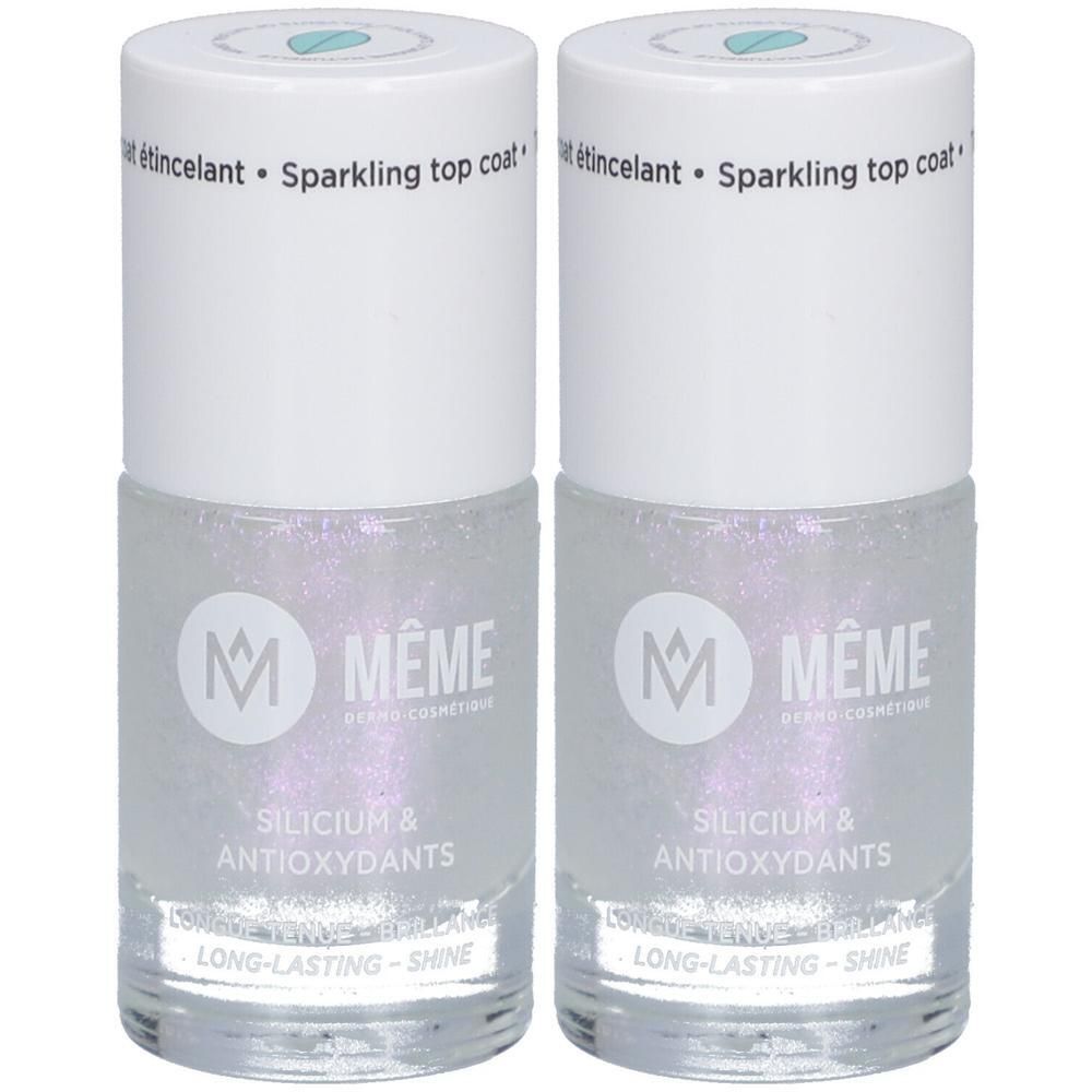 Zwei Flakons Nagellack mit Perlmuttglanz. Weißer Deckel mit Aufschrift. Marke: MEME. Text: Silicium & Antioxidantien, Long-lasting-shine.