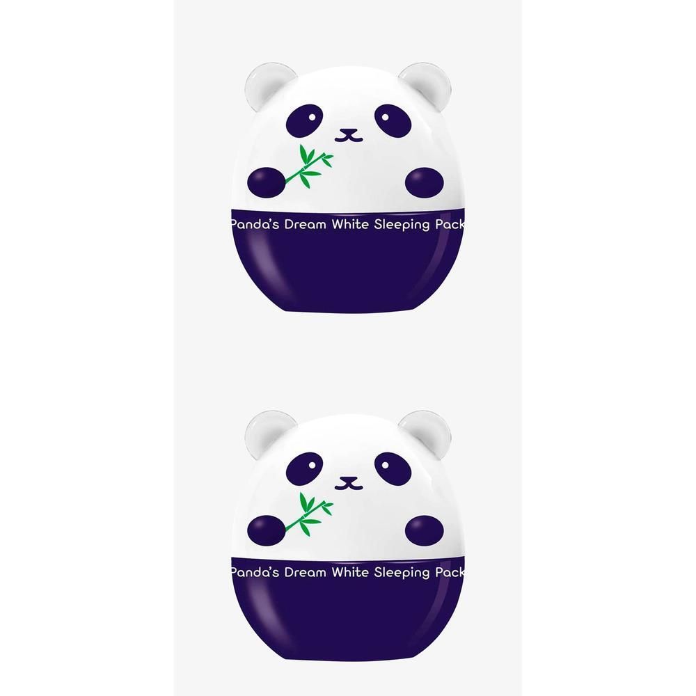 Zwei Kosmetikbehälter in Panda-Form. Weißer Deckel mit Panda-Gesicht, dunkelblauer Boden. Schriftzug: Panda's Dream White Sleeping Pack.