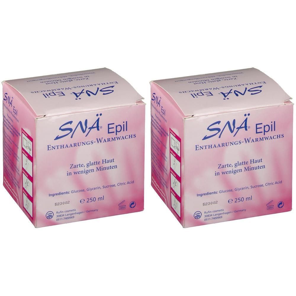 Zwei quadratische rosa Kartons. Aufschrift: SNÄ Epil Enthaarungs-Warmwachs. Zarte, glatte Haut in wenigen Minuten. Mit Inhaltsstoffen und Zertifizierung.