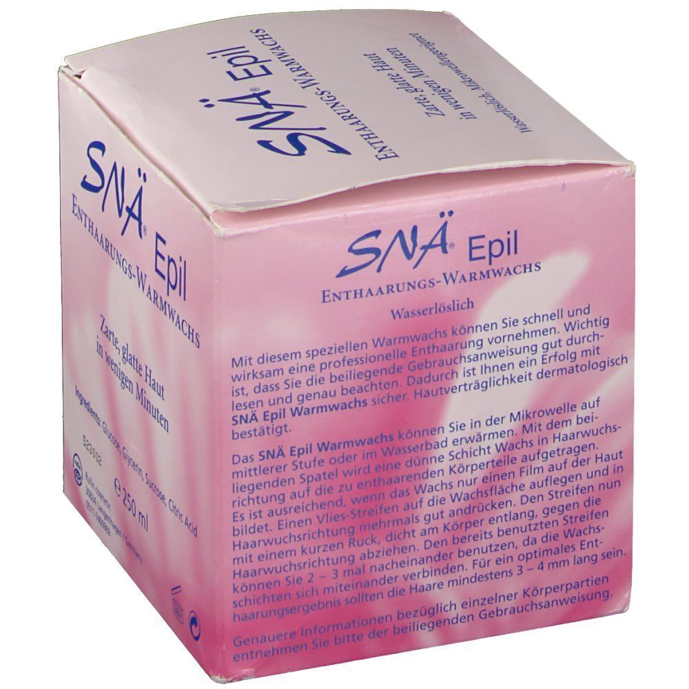 Rosa Karton mit SNÄ Epil Enthaarungs-Warmwachs. Text: Zarte, glatte Haut in wenigen Minuten. Produktbeschreibung und Gebrauchsanweisung.