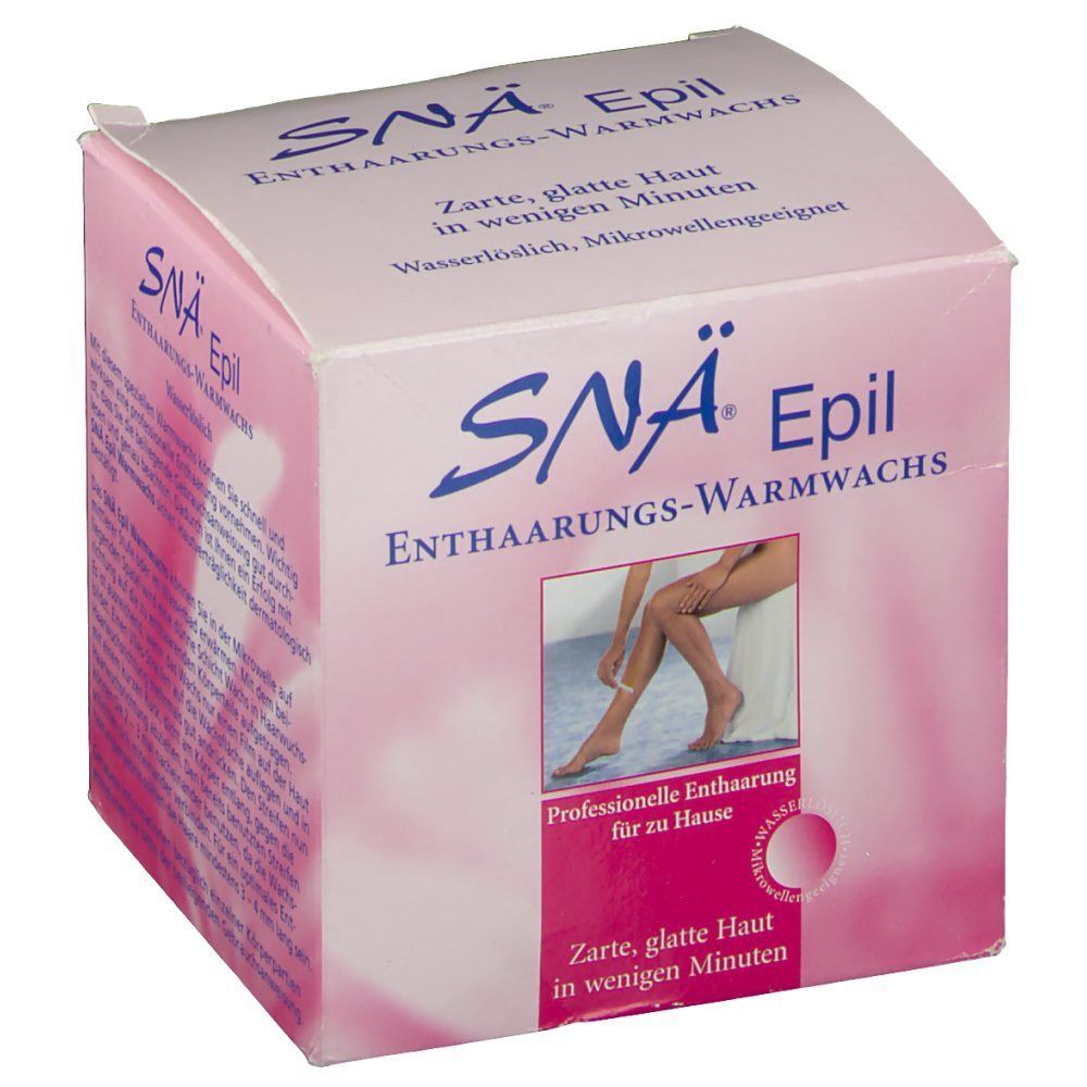 Rosa Karton mit SNÄ Epil Enthaarungs-Warmwachs. Bild: Bein mit Wachsstreifen. Text: Professionelle Enthaarung für zu Hause.