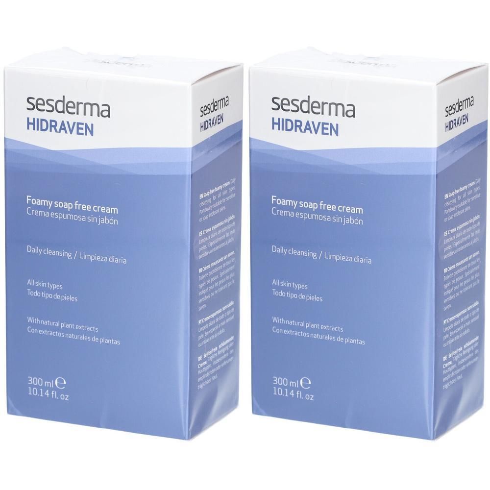 Zwei Kartons mit SESDERMA HIDRAVEN. Aufschrift: Foamy soap free cream. Blaue und weiße Verpackung. 300 ml.