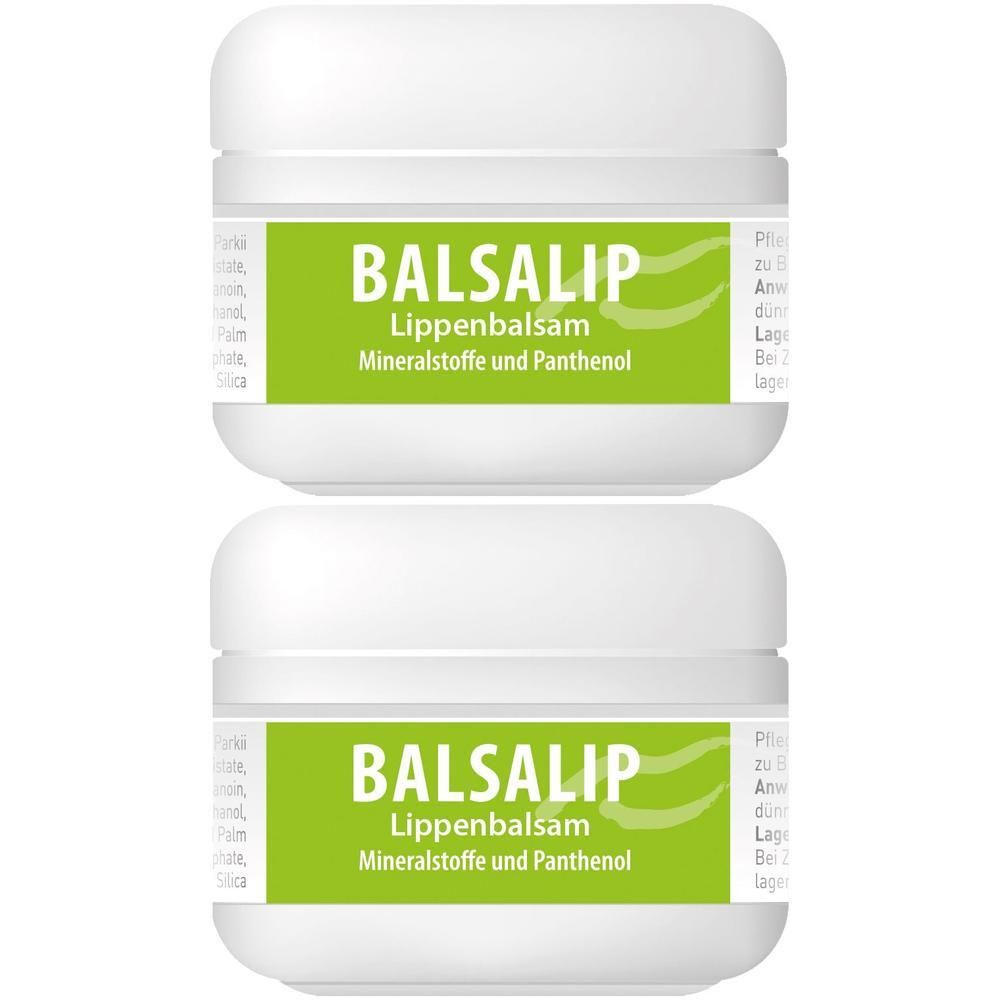 Zwei weiße Tiegel mit grünem Etikett. Auf dem Etikett steht BALSALIP Lippenbalsam, Mineralstoffe und Panthenol.