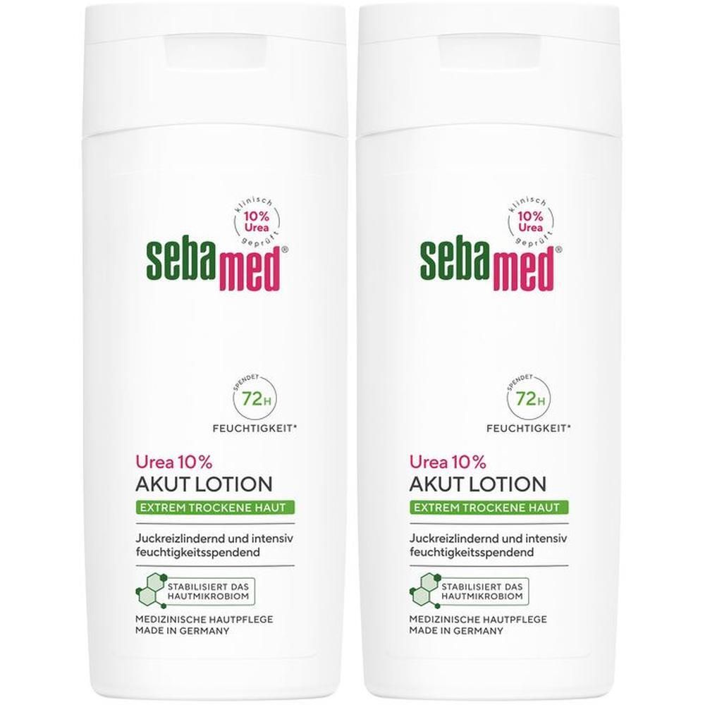 Zwei weiße Flaschen mit grüner und pinkfarbener Beschriftung. Aufschrift: sebamed, Urea 10% Akut Lotion, extrem trockene Haut.