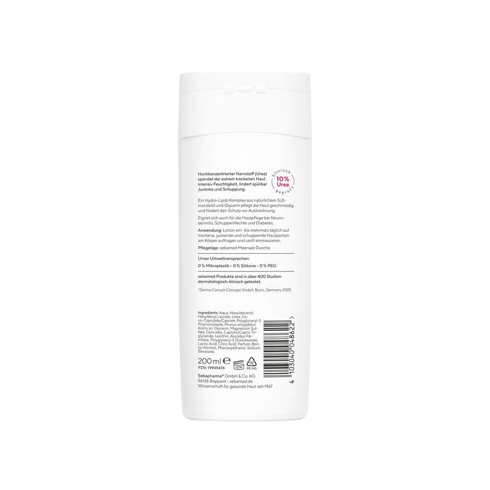 Weiße Flasche mit grüner und pinkfarbener Beschriftung. Aufschrift: sebamed, Urea 10% Akut Lotion, extrem trockene Haut. Rückseite mit Text.