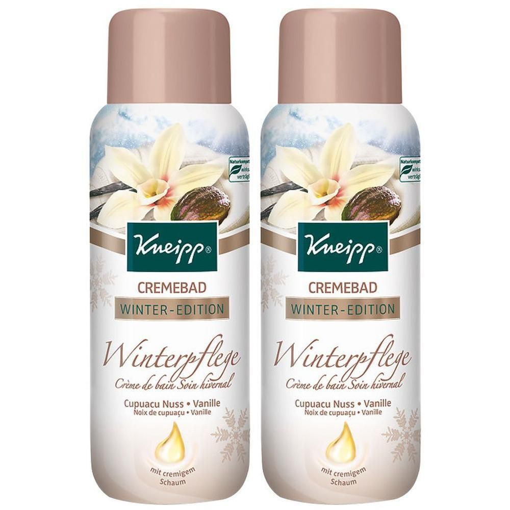 Zwei Flaschen mit braunem Deckel. Aufschrift: Kneipp Cremebad Winterpflege. Abbildung von Blüte und Nuss. Winter-Edition.